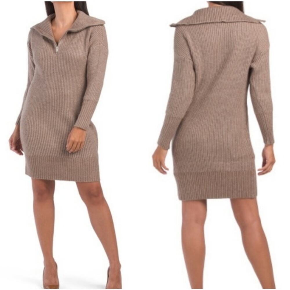 Cupcakes and‎ Cashmere Ribbed Knit Quarter Zip Sweater Dress Taupe Medium